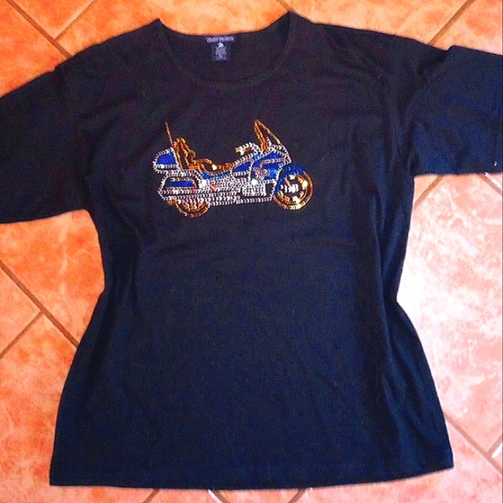Women's Xlarge sequined motorcycle t-shirt- black